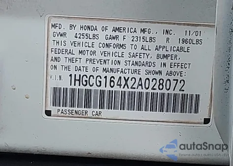 2002 Honda Accord 3.0 Lx из США, поврежденный, VIN 1HGCG164X2A028072